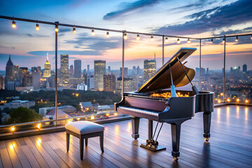 A steinway piano on a balcony overlooking a city skyline at dusk, blue and purple hues in the sky, a glass of wine beside it, and soft string lights glowing above.
