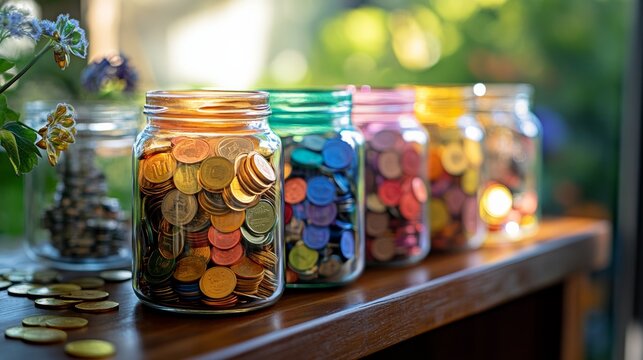 Creative savings methods: A vibrant, imaginative setup with unconventional savings tools like themed jars, visual savings goals, or gamified apps
