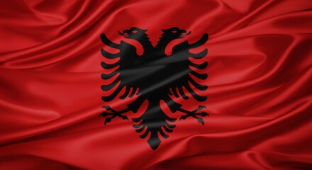 Albanian flag with double-headed eagle on red background.