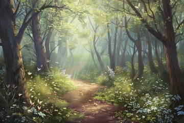 A serene forest pathway surrounded by lush greenery and gentle sunlight filtering through the leaves in springtime