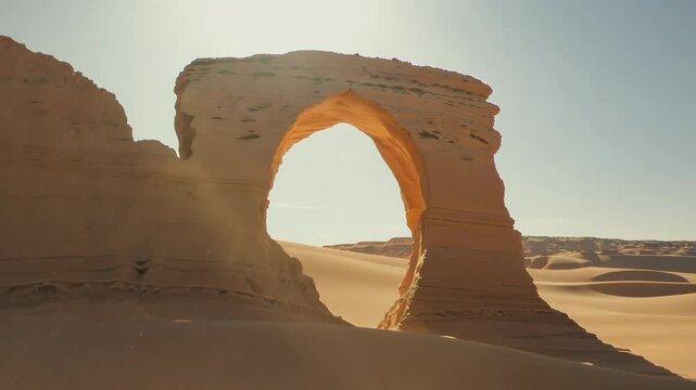 Wind-sculpted desert arch backlit by the sun
