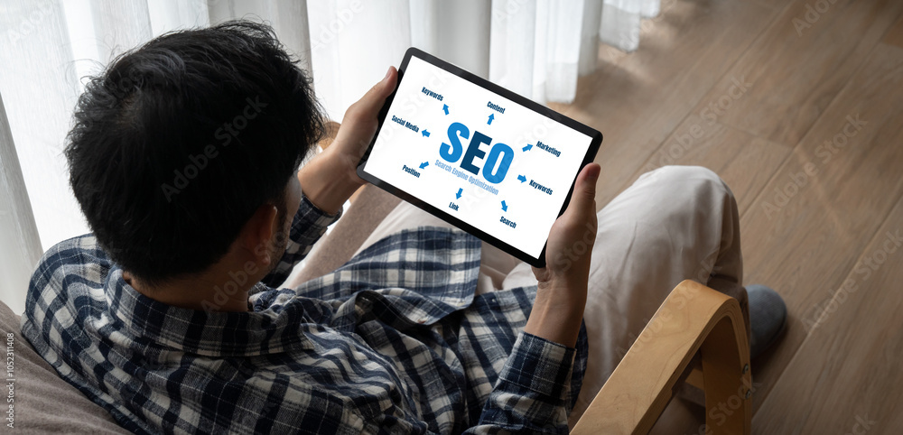 Poster seo search engine optimization for modish e-commerce and online retail business showing on computer 