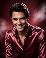 Fototapeta premium Charming Male Model in Satin Shirt with Mysterious Smile