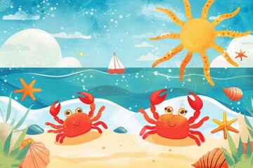Naklejka premium Two cheerful crabs on a sunny beach with a bright sun, gentle waves, and a distant sailboat in the background