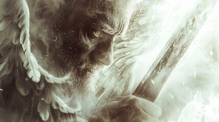 Obraz premium A dramatic scene of Abraham’s hand gripping the knife, his knuckles white with tension. The angel’s calm face appears just beside him, glowing with a soft, divine light.