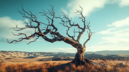 Concept of climate changing. Half dead and alive tree outdoors, banner design