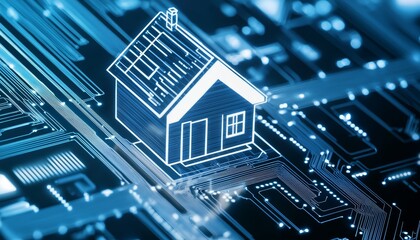 A futuristic pattern of circuit board lines in shades of blue and black, merging with home shapes to emphasize smart technology integration.
