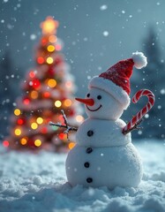 Fototapeta premium Snowman with a carrot nose, hat, scarf, coal buttons and stick arms standing outside on a winter's day.