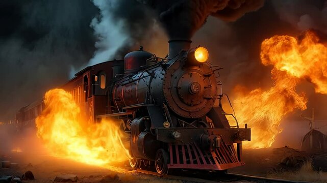 fiery train crash at night, billowing smoke and flames. The dramatic scene evokes fear and chaos, enhanced by eerie lighting. Vintage steam engine adds a historical touch
