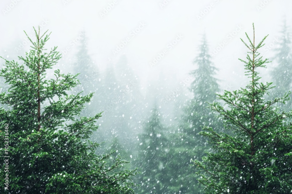 Aufkleber evergreen forest in rain, a serene and refreshing scene of an evergreen forest during rainfall, with