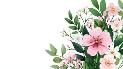 Fototapeta premium A minimalist floral design with green foliage and small flowers in pastel hues, forming a delicate border around a 'New Beginnings' message.