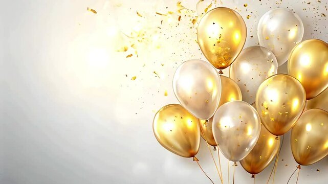 Festive golden transparent balloons with glitter confetti on clean background, Party or birthday background, free space for text