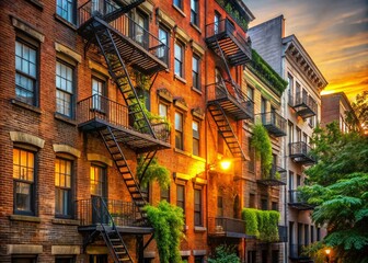 Fototapeta premium Charming Chelsea: Small Old Brick Buildings with Fire Escapes in New York City