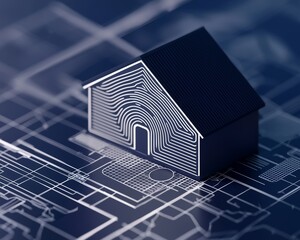 A modern design featuring fingerprint and facial recognition icons, integrated with a blueprint-like background of a home layout.