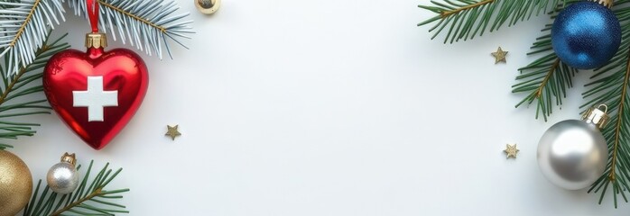 Heart-shaped Christmas ornament with medical cross on a white background. Medicine, healthcare, cardiology concept. Design for greeting card, invitation, poster, banner. Copy space