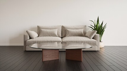 Fototapeta premium Minimalist living room, Modern living room interior with a beige sofa, glass coffee table, and a potted plant on a wooden floor.