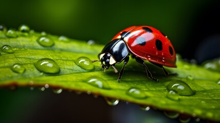 Obraz premium Delicate Ladybug on a Vibrant Leaf in Macro Shot
