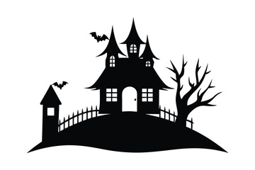  silhouette of a spooky haunted house on a hill with white background emphasizing a Halloween theme