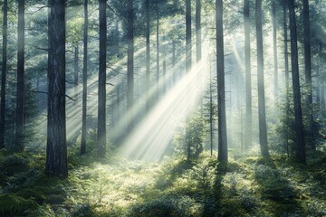 Obraz premium Evergreen forest with sun beams, a magical image of an evergreen forest with sunlight filtering through the trees in beams, highlighting the beauty and tranquility of the forest,