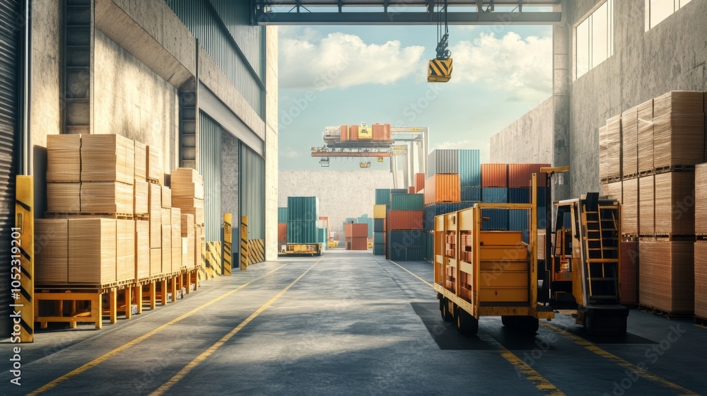Poster export: a factory loading dock with goods being prepared for shipment, showcasing the process of sen