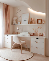 Children's house, white desk, L-shaped white light, photography style, light pink and
beige, photography style,