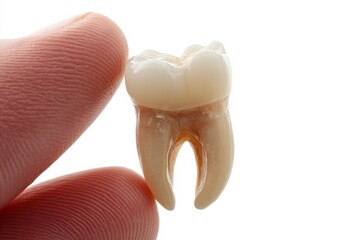 Extracted tooth in hand, an image of an extracted tooth held in the hand, showcasing its full structure, including the root,