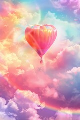 Fototapeta premium Whimsical Valentine's Hot Air Balloon in Dreamy Pastel Skies for Greeting Card Design