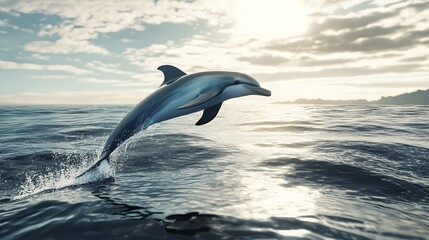 Obraz premium A dolphin leaps from the water with a splash, silhouetted against the setting sun.