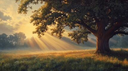 Oak Tree in Meadow at Sunrise, Sunbeams breaking through Morning Fog