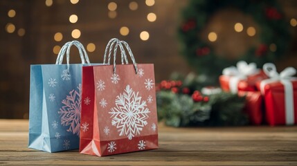 Two gift bags with snowflake designs, one blue and one red, are on a wooden table.