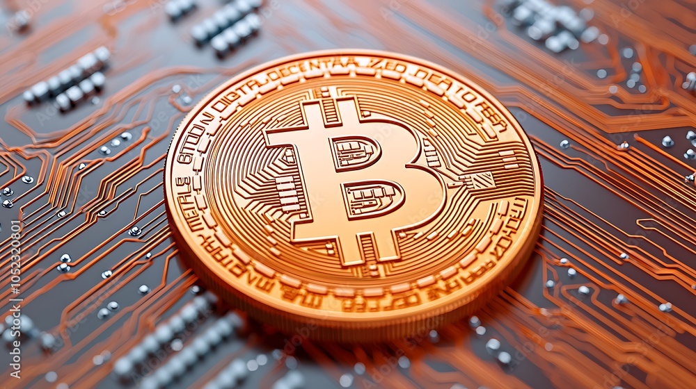 Poster glowing bitcoin coin on circuit board background