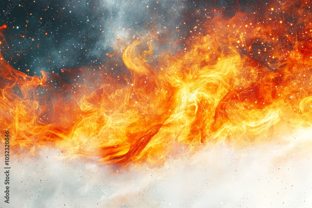 Poster fire flames in space, flames burning in a zero-gravity environment with stars and cosmic elements in