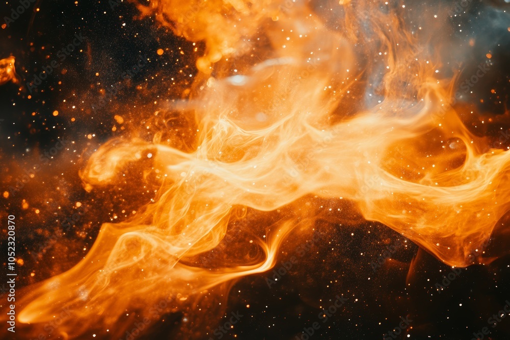 Poster fire flames in space, flames burning in a zero-gravity environment with stars and cosmic elements in