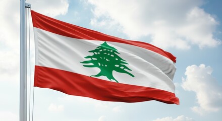 Waving Lebanese flag against blue sky with clouds.