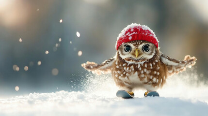 Small owl in a red knit cap skiing down a snowy mountainside, having fun with winter activities
