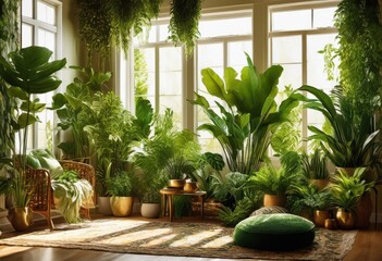 Fototapeta premium vibrant collection assorted indoor plants featuring lush green foliage various textures shapes enhancing home decor, leaves, houseplants, succulents, ferns