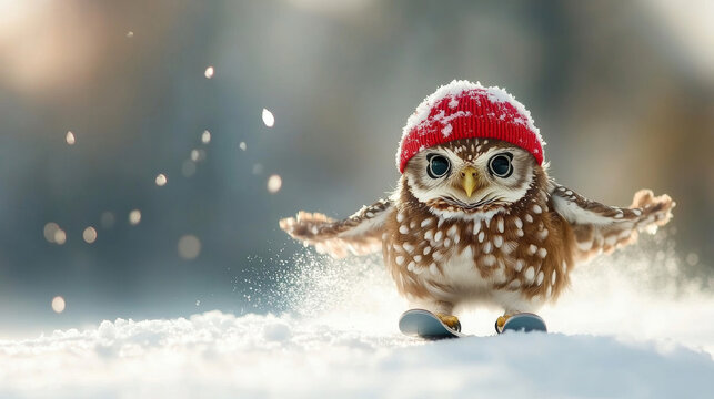 Small owl in a red knit cap skiing down a snowy mountainside, having fun with winter activities