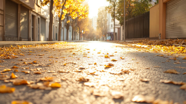 Fototapeta Low angle view of fallen autumn leaves covering a paved street at sunset, creating a warm and inviting atmosphere