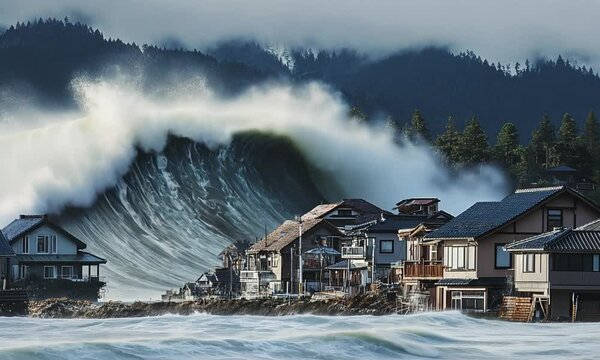 A massive wave is about to crash over a small town, threatening to destroy the houses and everything in its path. The image is ominous and dramatic, capturing the destructive power of nature.