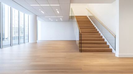 Obraz premium Light wooden staircase with glass railing in a spacious empty office with parquet flooring and large windows