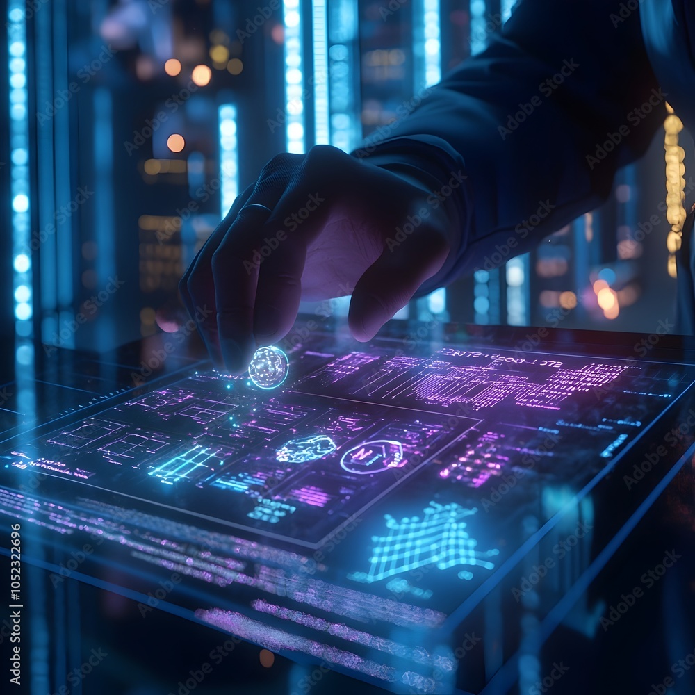 Poster scientist controlling holographic periodic table to view element properties in real time