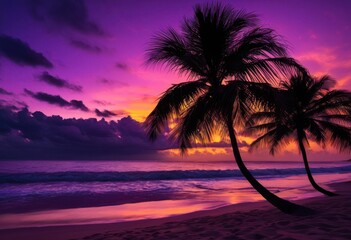 vibrant beach sunset featuring silhouette lush palm leaves colorful sky, horizon, orange, yellow, red, tropical, landscape, coastline, dusk, twilight, warm