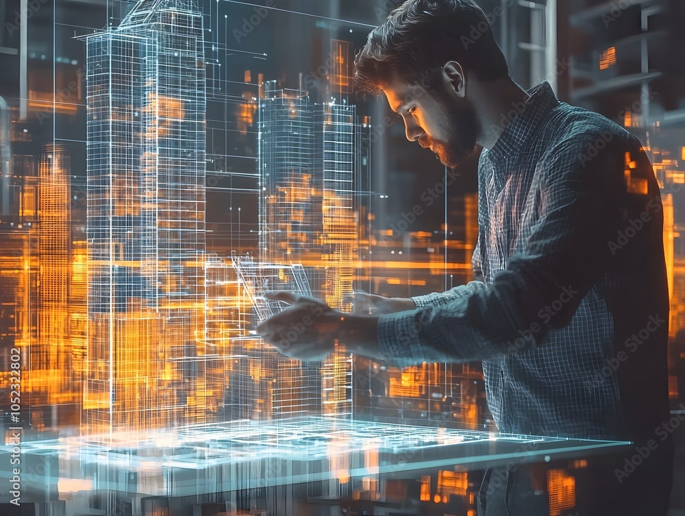 Aufkleber architect designing skyscraper concept using holographic interface and 3d modeling