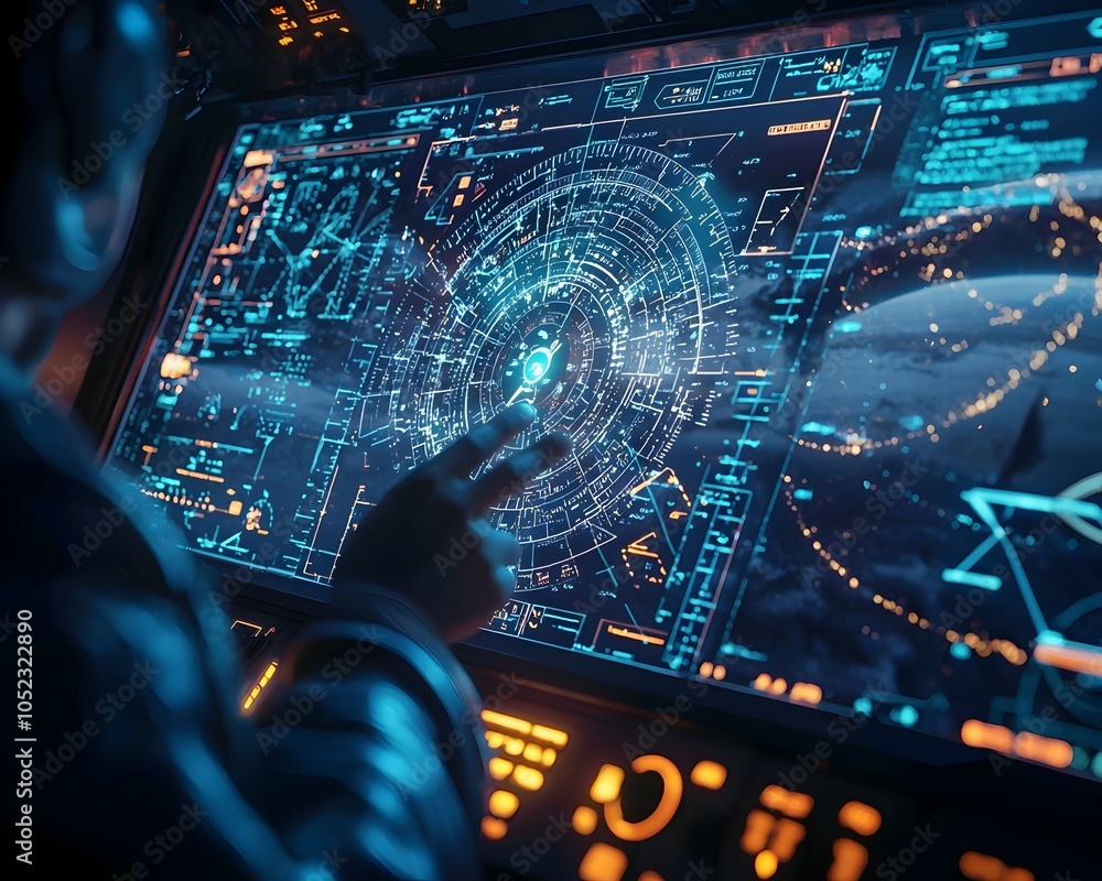 Aufkleber pilot navigating futuristic holographic cockpit display with projected flight data