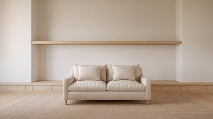 Minimalist living room, Minimalist living room interior with a white sofa, wooden shelf, and a rug on the floor.