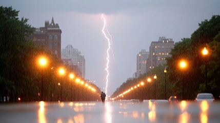 Lightning strikes over a city street during a rainstorm with reflection on wet pavement