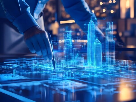 Architect Designing Skyscrapers Using Holographic Interface for Real Time Construction Blueprint Manipulation - Powered by Adobe