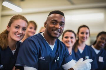 Group of med students practicing CPR adult nurse cooperation.