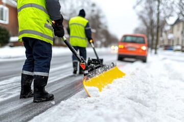 Workers clear snow from a road in a residential area on a winter morning