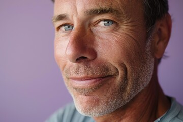 Fototapeta premium Middle-Aged Man with Confident Smile on Lavender Background for Portrait and Design